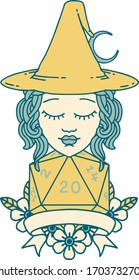 Retro Tattoo Style human witch with natural twenty dice roll