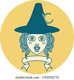 Retro Tattoo Style human witch character with banner