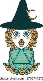 Retro Tattoo Style human witch with natural twenty dice roll