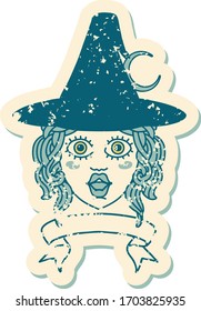 Retro Tattoo Style human witch character with banner