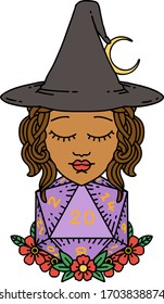 Retro Tattoo Style human witch with natural twenty dice roll