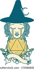 Retro Tattoo Style human witch with natural one D20 roll