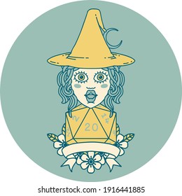 Retro Tattoo Style human witch with natural twenty dice roll