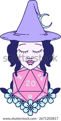 Retro Tattoo Style human witch with natural twenty dice roll in bright neon color