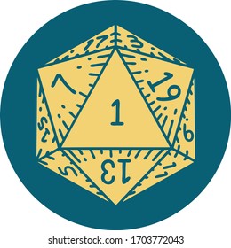 Retro Tattoo Style natural 1 D20 dice roll