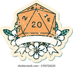 Retro Tattoo Style natural 20 critical hit D20 dice roll
