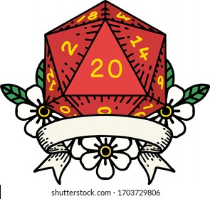 Retro Tattoo Style natural 20 critical hit D20 dice roll