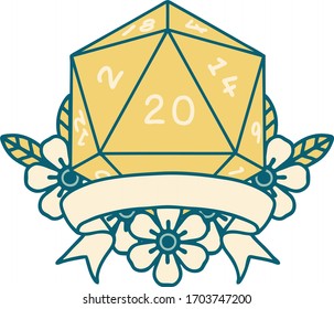 Retro Tattoo Style natural 20 critical hit D20 dice roll