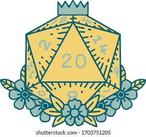 Retro Tattoo Style natural 20 D20 dice roll with floral elements