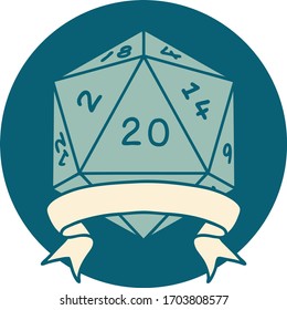 Retro Tattoo Style natural 20 critical hit D20 dice roll