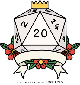 Retro Tattoo Style natural 20 critical hit D20 dice roll