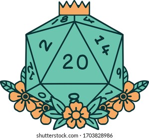 Retro Tattoo Style natural 20 D20 dice roll with floral elements