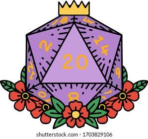 Retro Tattoo Style natural 20 D20 dice roll with floral elements