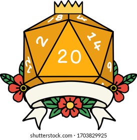 Retro Tattoo Style natural 20 critical hit D20 dice roll