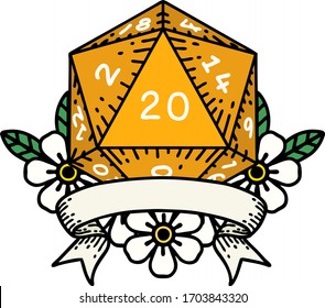Retro Tattoo Style natural 20 critical hit D20 dice roll