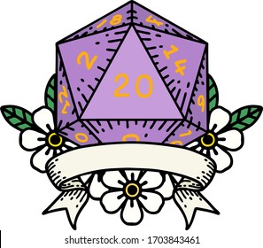 Retro Tattoo Style natural 20 critical hit D20 dice roll