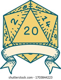 Retro Tattoo Style natural 20 critical hit D20 dice roll
