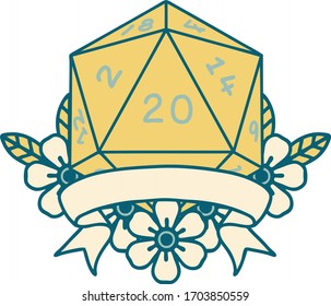 Retro Tattoo Style natural 20 critical hit D20 dice roll