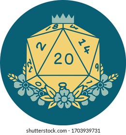 Retro Tattoo Style natural 20 D20 dice roll with floral elements