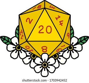 Retro Tattoo Style natural 20 D20 dice roll with floral elements