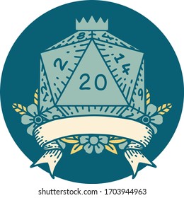 Retro Tattoo Style natural 20 critical hit D20 dice roll