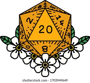 Retro Tattoo Style natural 20 D20 dice roll with floral elements