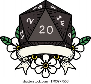 Retro Tattoo Style natural 20 critical hit D20 dice roll