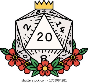 Retro Tattoo Style natural 20 D20 dice roll with floral elements