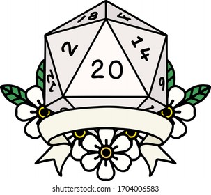 Retro Tattoo Style natural 20 critical hit D20 dice roll