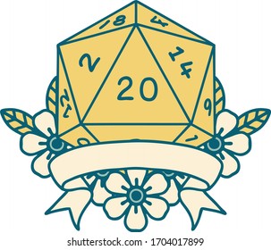 Retro Tattoo Style natural 20 critical hit D20 dice roll