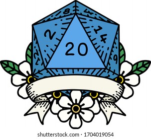 Retro Tattoo Style natural 20 critical hit D20 dice roll