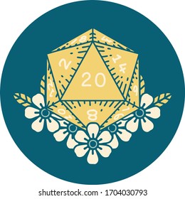 Retro Tattoo Style natural 20 D20 dice roll with floral elements