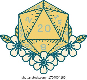 Retro Tattoo Style natural 20 D20 dice roll with floral elements