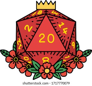 Retro Tattoo Style natural 20 D20 dice roll with floral elements