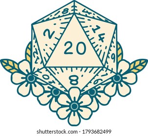 Retro Tattoo Style natural 20 D20 dice roll with floral elements