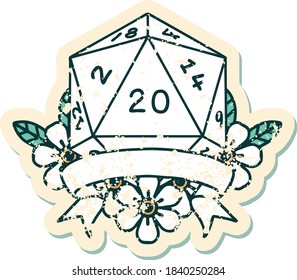 Retro Tattoo Style natural 20 critical hit D20 dice roll