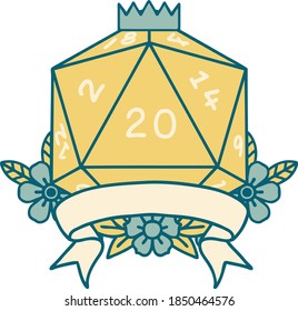 Retro Tattoo Style natural 20 critical hit D20 dice roll