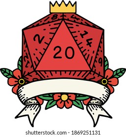 Retro Tattoo Style natural 20 critical hit D20 dice roll