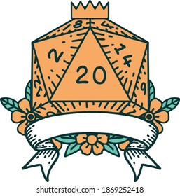 Retro Tattoo Style natural 20 critical hit D20 dice roll