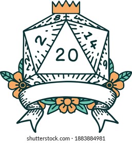 Retro Tattoo Style natural 20 critical hit D20 dice roll