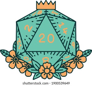 Retro Tattoo Style natural 20 D20 dice roll with floral elements