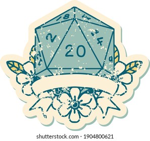 Retro Tattoo Style natural 20 critical hit D20 dice roll