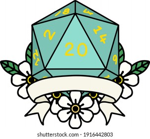 Retro Tattoo Style natural 20 critical hit D20 dice roll