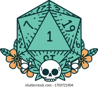 Retro Tattoo Style natural one dice roll with floral elements