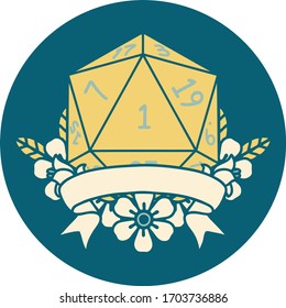 Retro Tattoo Style natural one d20 dice roll