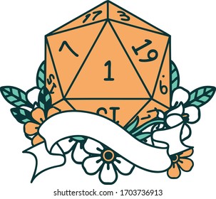 Retro Tattoo Style natural one d20 dice roll