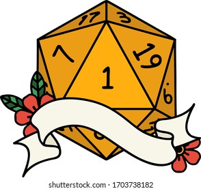 Retro Tattoo Style natural one d20 dice roll