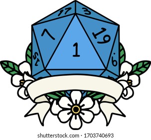 Retro Tattoo Style natural one d20 dice roll