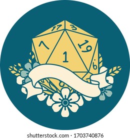 Retro Tattoo Style natural one d20 dice roll