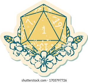 Retro Tattoo Style natural one dice roll with floral elements